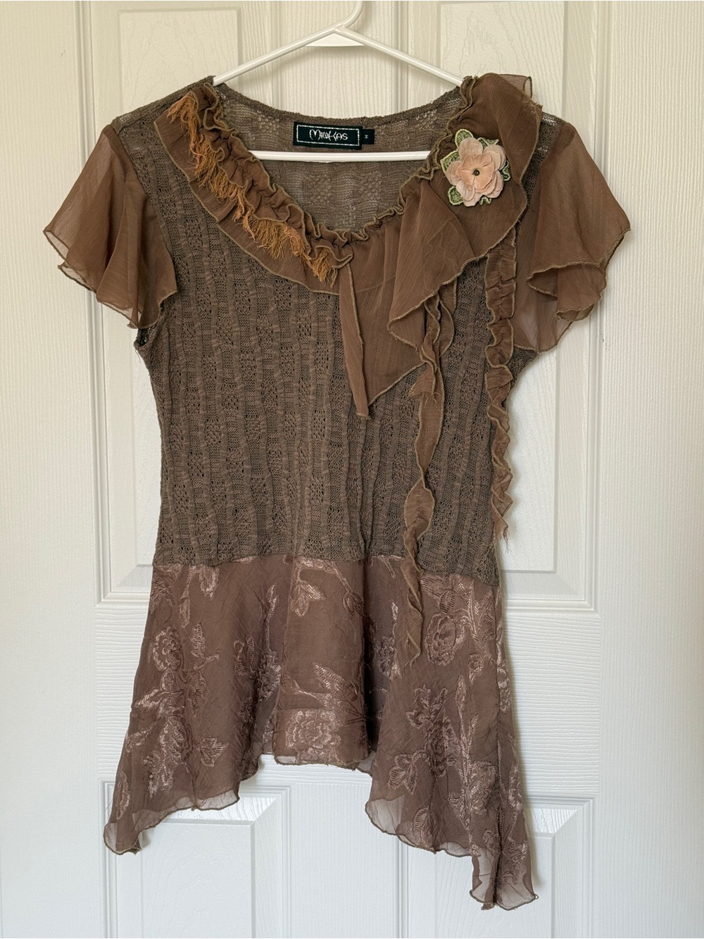 Rose Brown Ruffle-Accent Short Sleeve